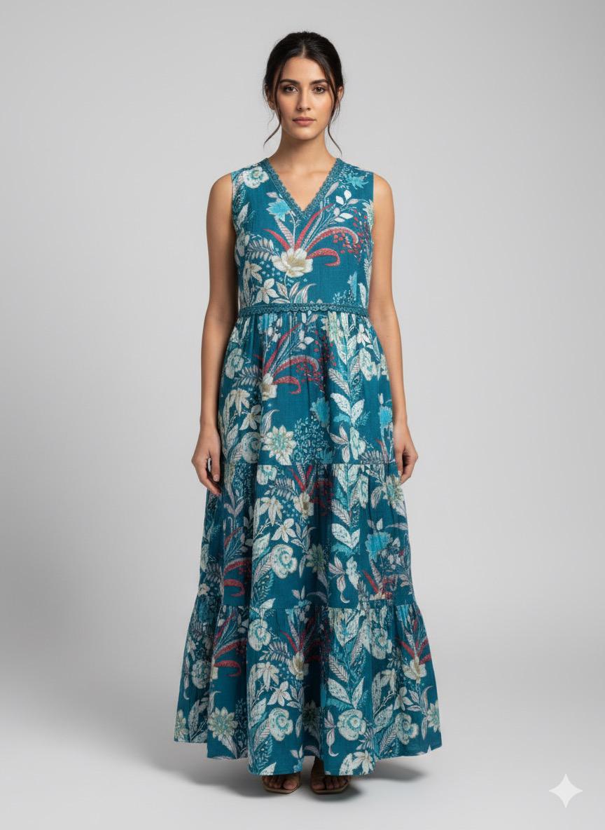 Shree Shanti Selection - Blue Floral Printed Sleeveless Long Kurti